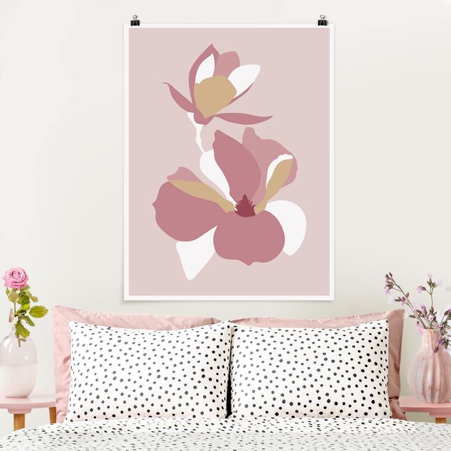 Poster - Line Art Blüten Pastell Rosa - Hochformat 4:3