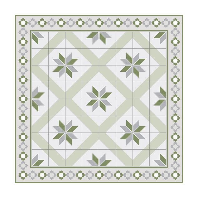 Vinyl-Teppich - Geometrische Fliesen Rautenblüte Olivgrün mit Bordüre - Quadrat 1:1