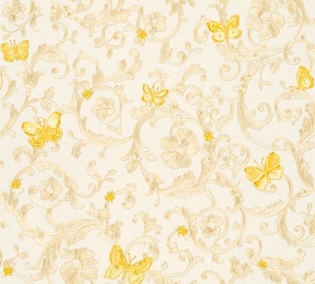 Tapeten Versace wallpaper Versace 3 Butterfly Barocco in Creme Gelb Metallic - 343251