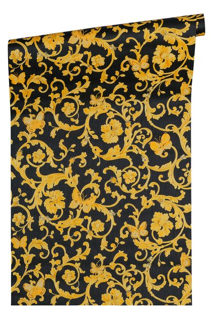 Vintage Tapete Versace wallpaper Versace 3 Butterfly Barocco in Gelb Metallic Schwarz - 343252