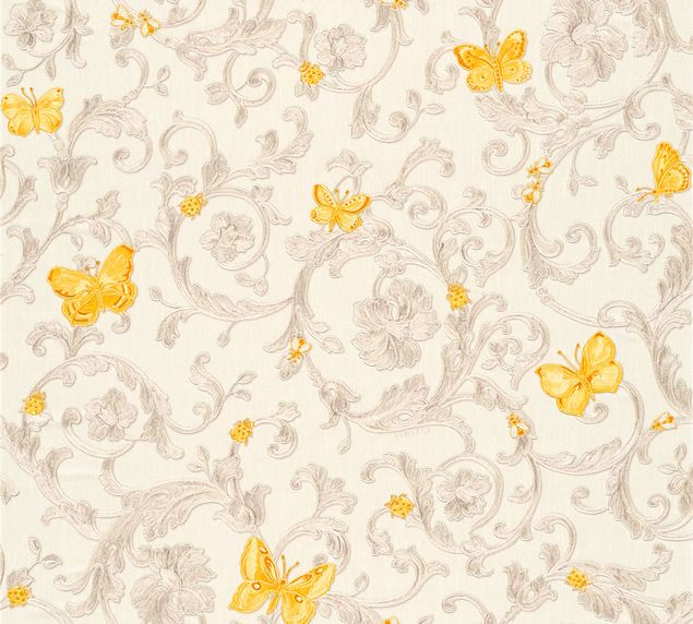 Tapeten Versace wallpaper Versace 3 Butterfly Barocco in Creme Gelb Metallic - 343253