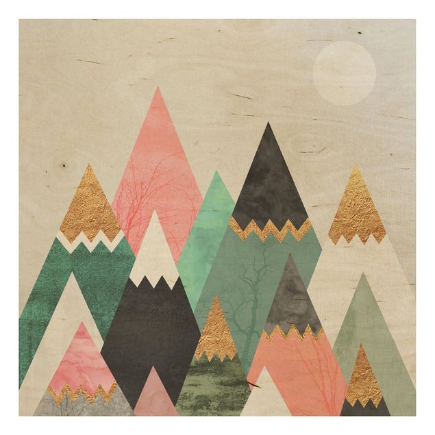 Holzbild - Dreieckige Berge mit Goldspitzen - Quadrat 1:1