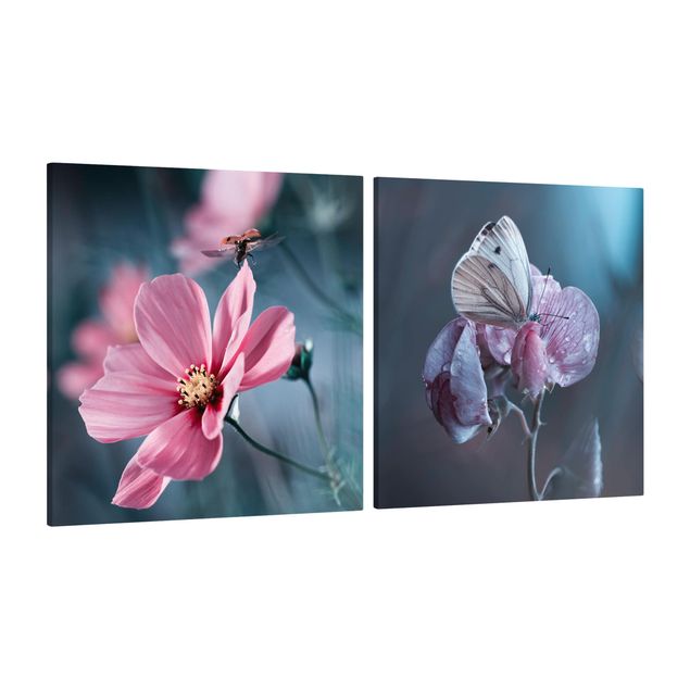 Leinwandbilder Tier Schmetterling und Marienkäfer auf Blüten