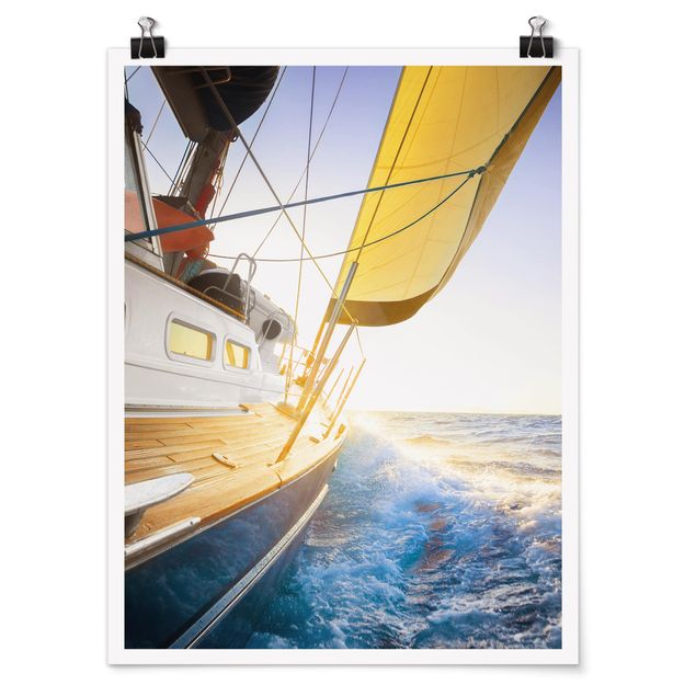 Poster Segelboot auf blauem Meer bei Sonnenschein