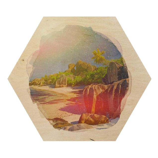 Hexagon Bild Holz - Wasserfarben - Traumstrand Seychellen