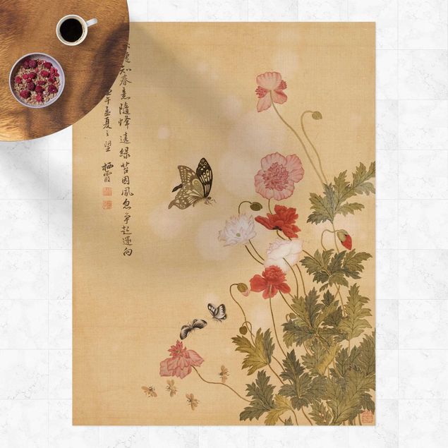 Vinyl-Teppich - Yuanyu Ma - Mohnblumen und Schmetterlinge - Hochformat 3:4