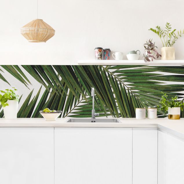 Küchenrückwand Glas Motiv Wald Blick durch grüne Palmenblätter