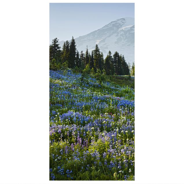 Raumteiler - Bergwiese mit blauen Blumen vor Mt. Rainier