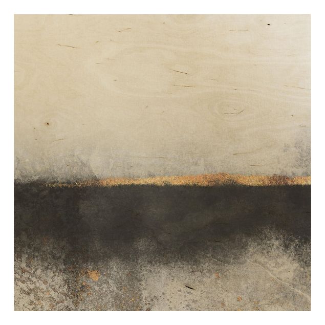 Holzbild - Abstrakter Goldener Horizont Schwarz Weiß - Quadrat 1:1