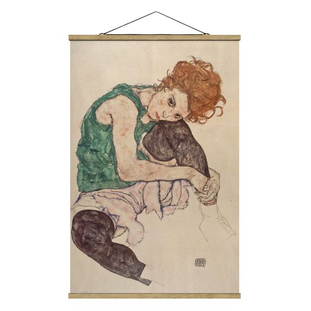 Stoffbilder mit Holzleisten Egon Schiele - Sitzende Frau mit hochgezogenem Knie