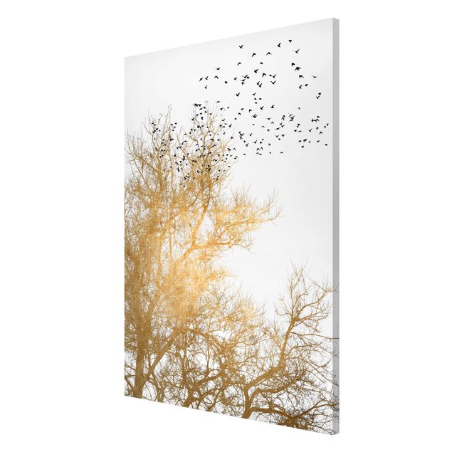 Magnettafel Tiere Vogelschwarm vor goldenem Baum