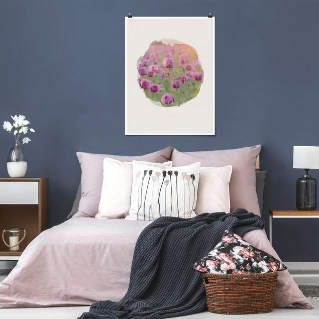 Poster Aquarell Wasserfarben - Violette Schlafmohn Blumenwiese im Frühling