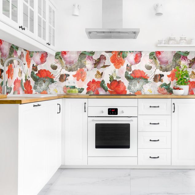 Küchenrückwand Glas Motiv Blumen Rote Blumen mit Schmetterlingen