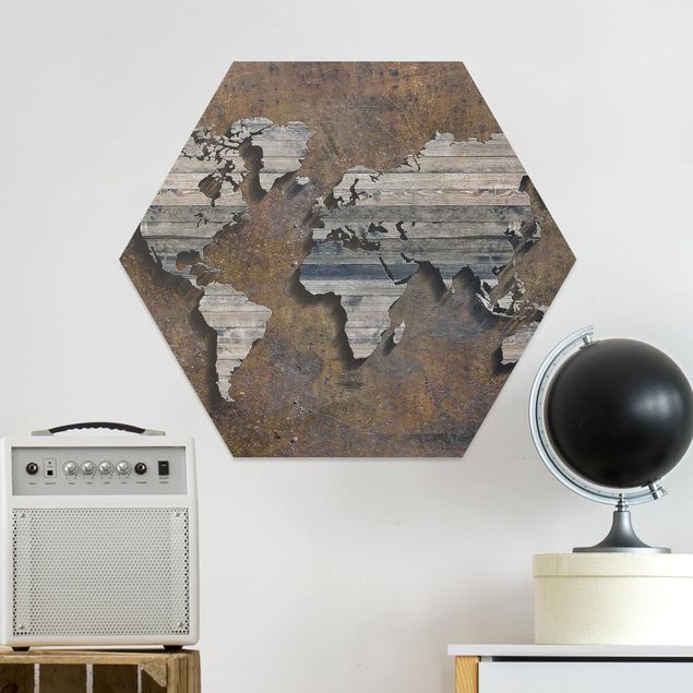 Bilder für die Wand Holz Rost Weltkarte