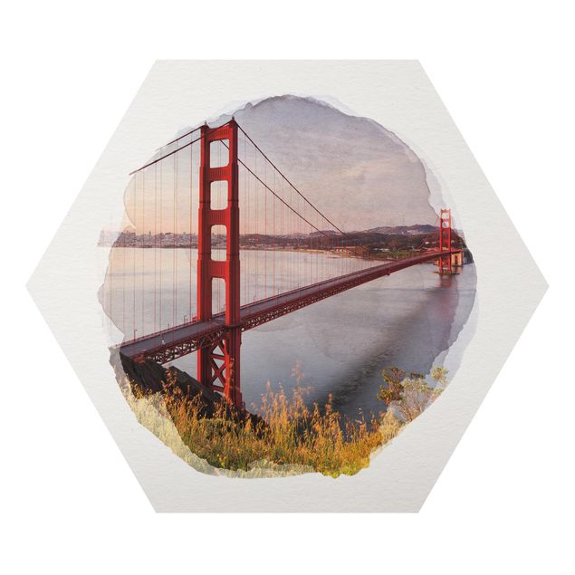 Hexagon Bild Alu-Dibond - Wasserfarben - Golden Gate Bridge in San Francisco