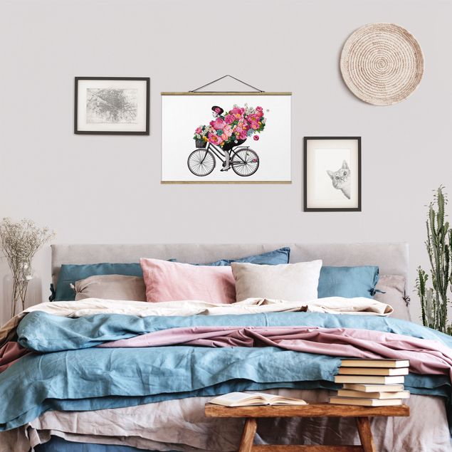 Stoffbilder zum Aufhängen Illustration Frau auf Fahrrad Collage bunte Blumen