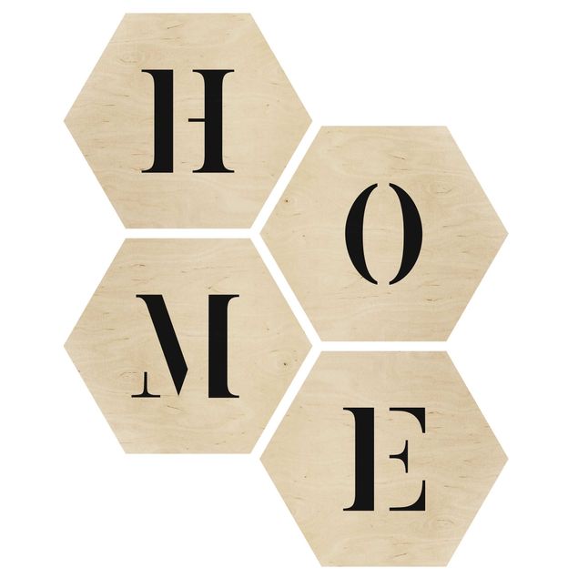 Hexagon Bild Holz 4-teilig - Buchstaben HOME Schwarz Set II