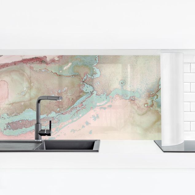 Küchenrückwand abstrakt Farbexperimente Marmor Rose und Türkis