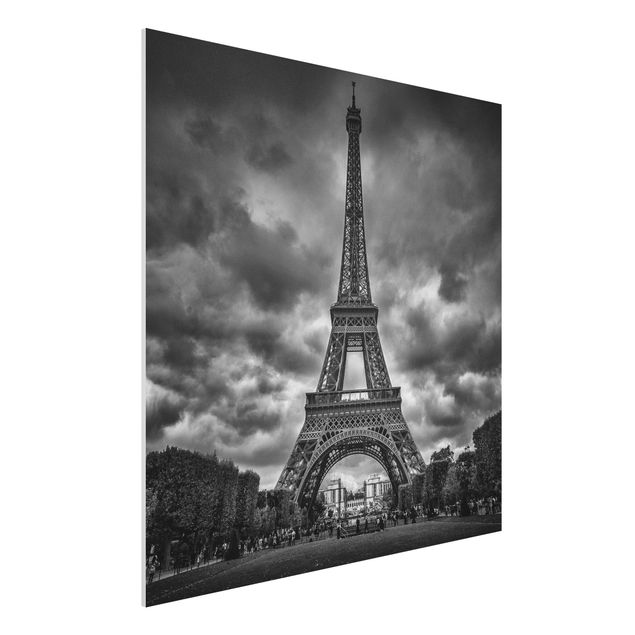 Bilder auf Hartschaumplatte Eiffelturm vor Wolken schwarz-weiß