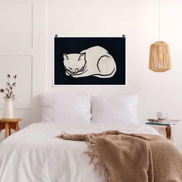 Poster Schwarz Weiß Querformat Schlafende Katze Illustration