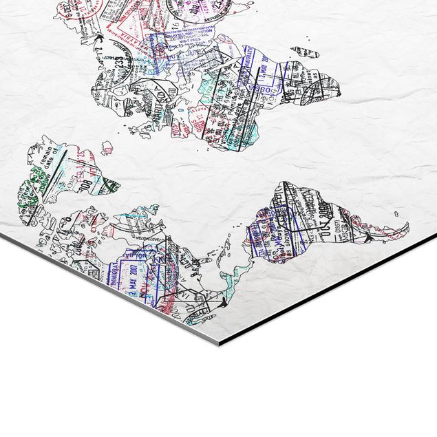 Hexagon Bild Alu-Dibond - Reisepass Stempel Weltkarte