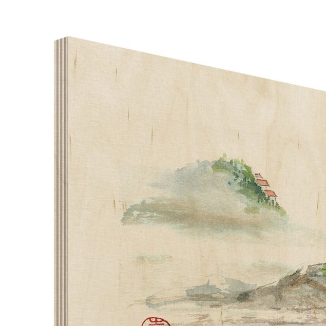 Holzbild - Japanische Aquarell Zeichnung See und Berge - Querformat 2:3