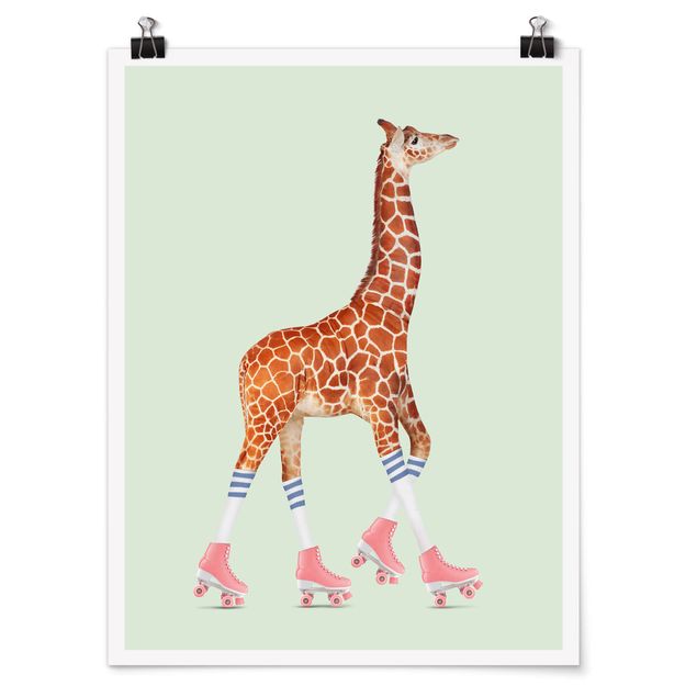 Poster Tiere Giraffe mit Rollschuhen