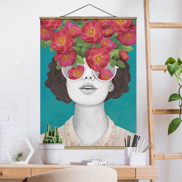 Bilder für die Wand Illustration Portrait Frau Collage mit Blumen Brille
