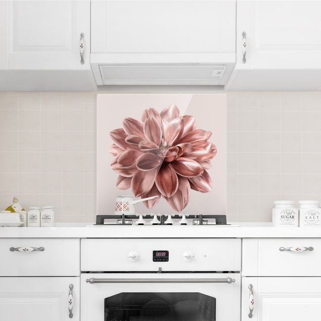 Küchenrückwand Glas Motiv Blumen Rosegoldene Dahlie in Metallic