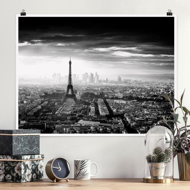 Poster Schwarz Weiß Querformat Der Eiffelturm von Oben Schwarz-weiß