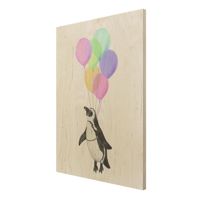 Holzbild - Illustration Pinguin Pastell Luftballons - Hochformat 4:3