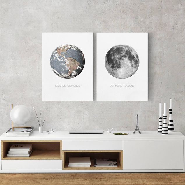 Wandbild Weltkarte Mond und Erde
