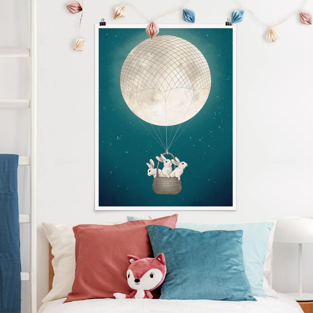 Poster Kinderzimmer Tiere Illustration Hasen Mond-Heißluftballon Sternenhimmel