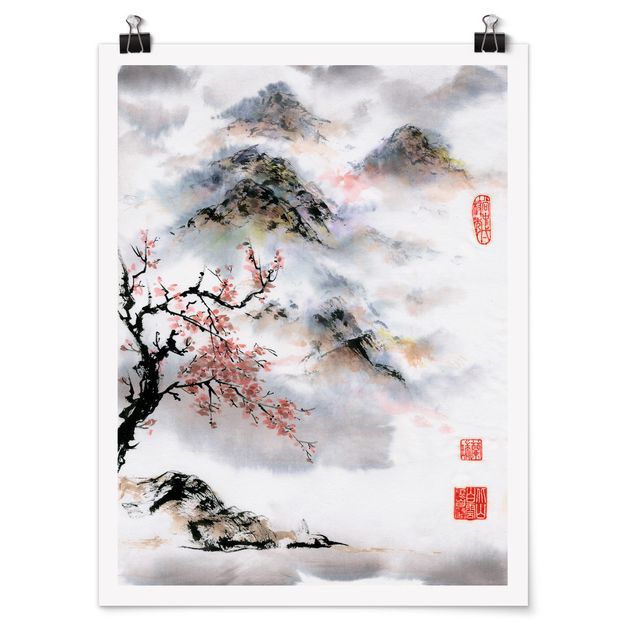 Schöne Wandbilder Japanische Aquarell Zeichnung Kirschbaum und Berge