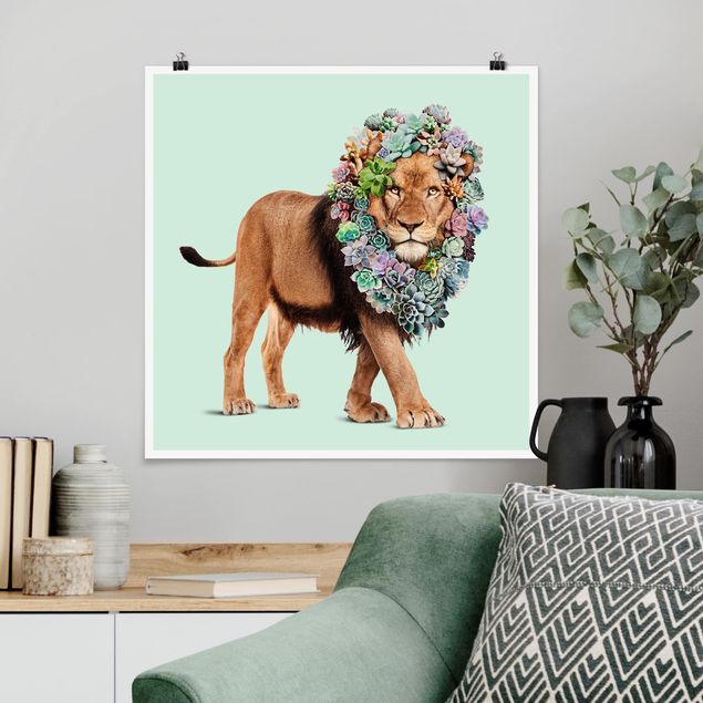 Poster Kinderzimmer Tiere Löwe mit Sukkulenten