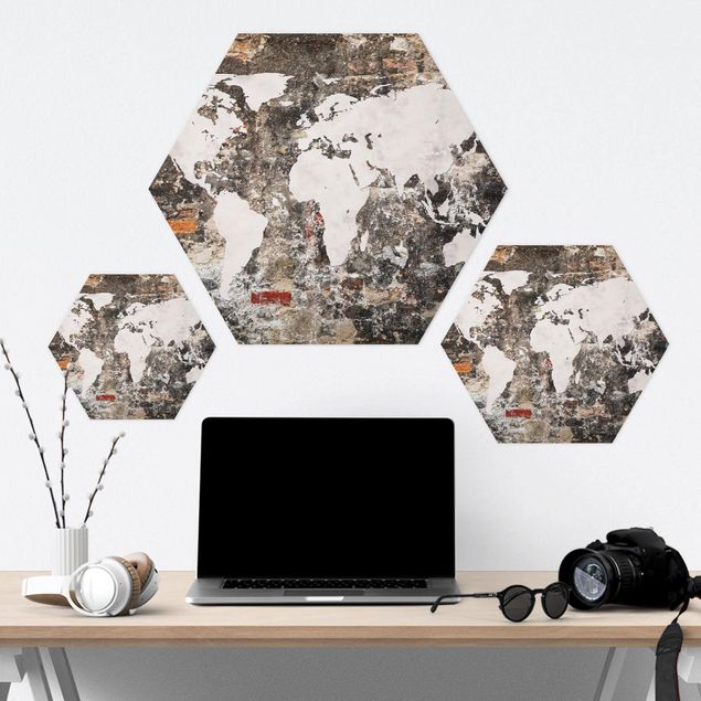 Hexagon Bild Alu-Dibond - Alte Mauer Weltkarte