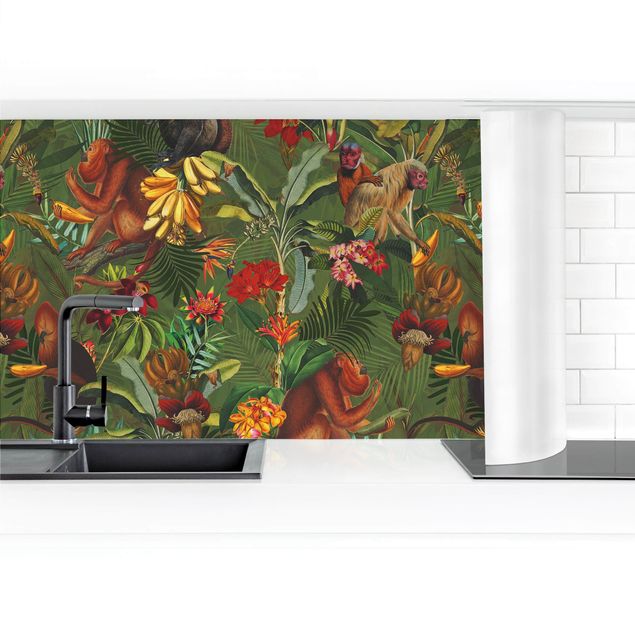 Küchenrückwand Glas Motiv Blumen Tropische Blumen mit Affen II