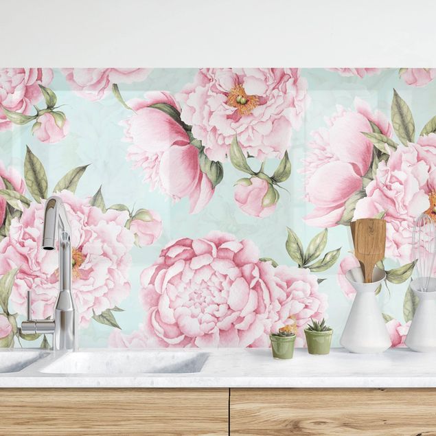 Küchenrückwände Platte Rosa Blumen auf Mint als Aquarell