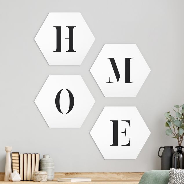 Hexagon Bild Forex 4-teilig - Buchstaben HOME Schwarz Set II