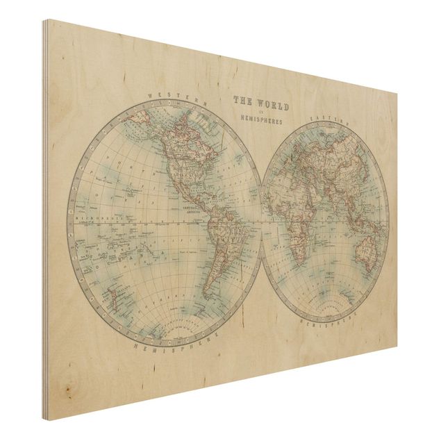 Holzbilder Vintage Vintage Weltkarte Die zwei Hemispheren