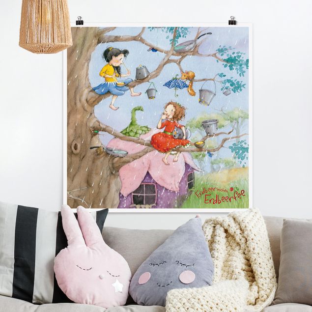 Poster Kinderzimmer Tiere Erdbeerinchen Erdbeerfee - Es regnet
