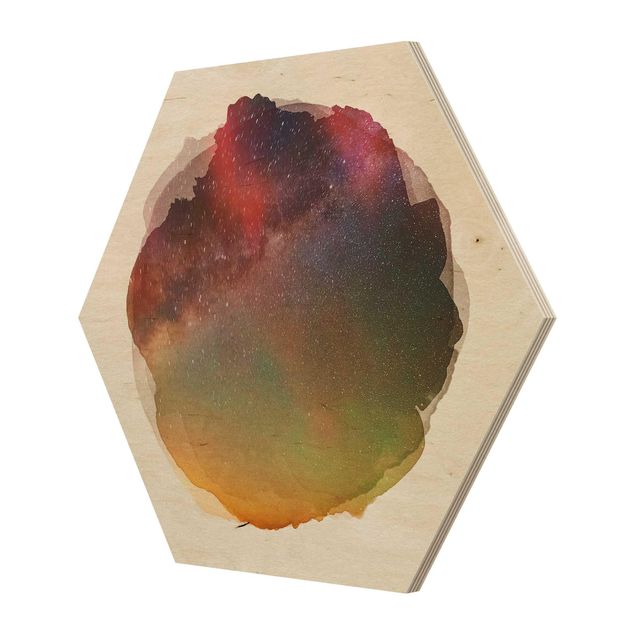 Hexagon Bild Holz - Wasserfarben - Sternenhimmel über dem Meer