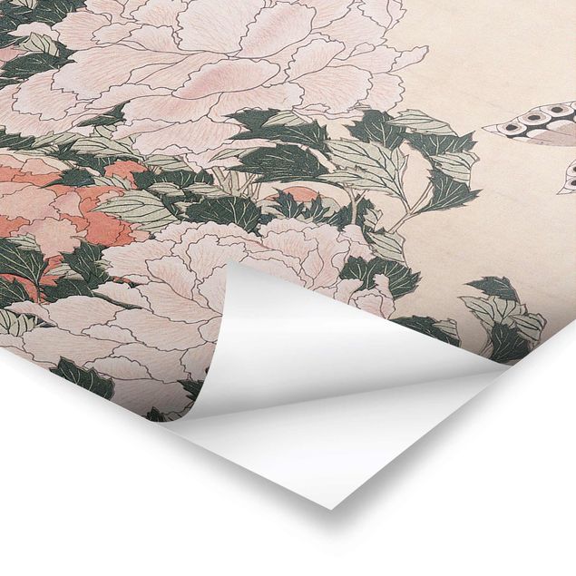 Poster kaufen Katsushika Hokusai - Rosa Pfingstrosen mit Schmetterling