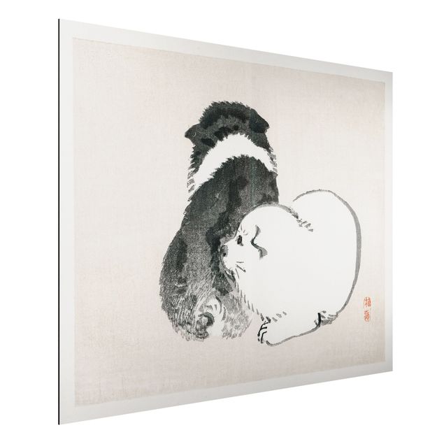 Wandbilder Tiere Asiatische Vintage Zeichnung Schwarze und weiße Hündchen