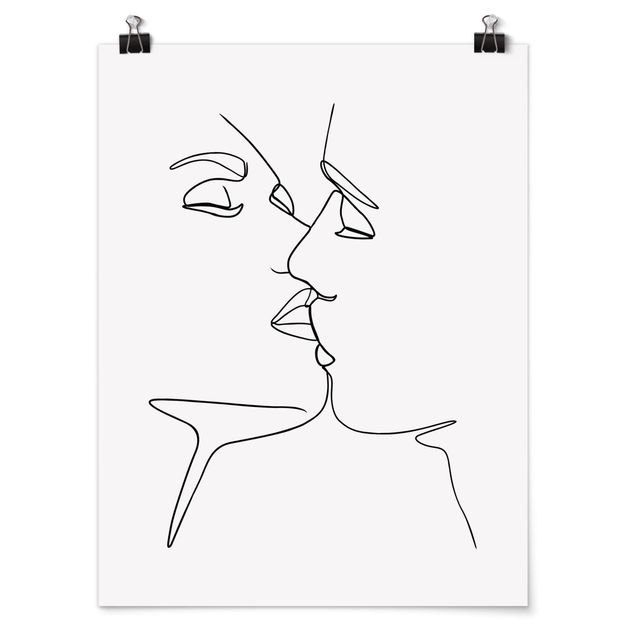 Poster Kunstdruck Line Art Kuss Gesichter Schwarz Weiß