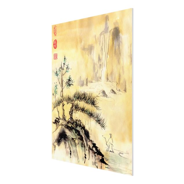 Forex Fine Art Print - Japanische Aquarell Zeichnung Zedern und Berge - Hochformat 4:3