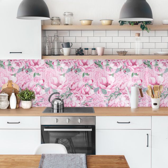 Glasrückwand Küche Muster Rosa Blütentraum Pastell Rosen in Aquarell