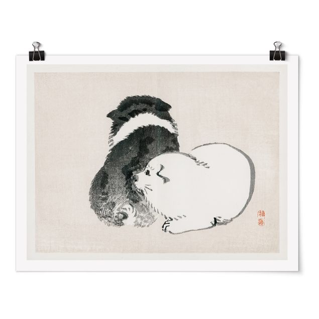Poster Tiere Asiatische Vintage Zeichnung Schwarze und weiße Hündchen