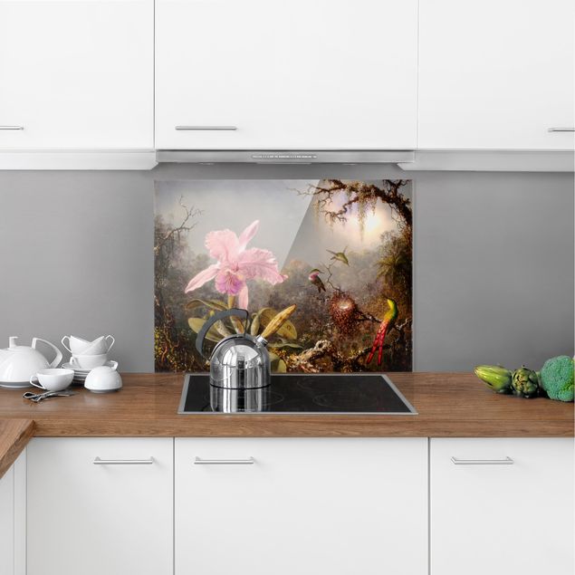 Glasrückwand Küche Blumen Martin Johnson Heade - Orchidee und drei Kolibris