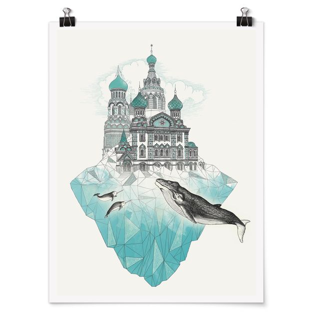 Schwarz-Weiß Poster Illustration Kirche mit Kuppeln und Wal